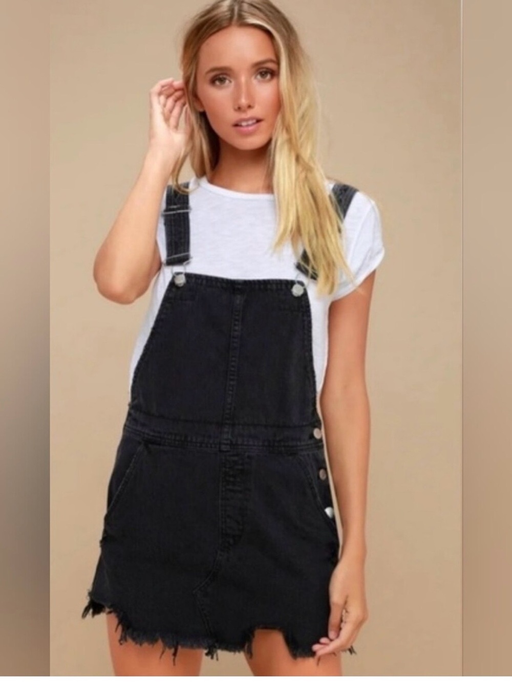 Free People Black Distressed Denim Overall Shorts